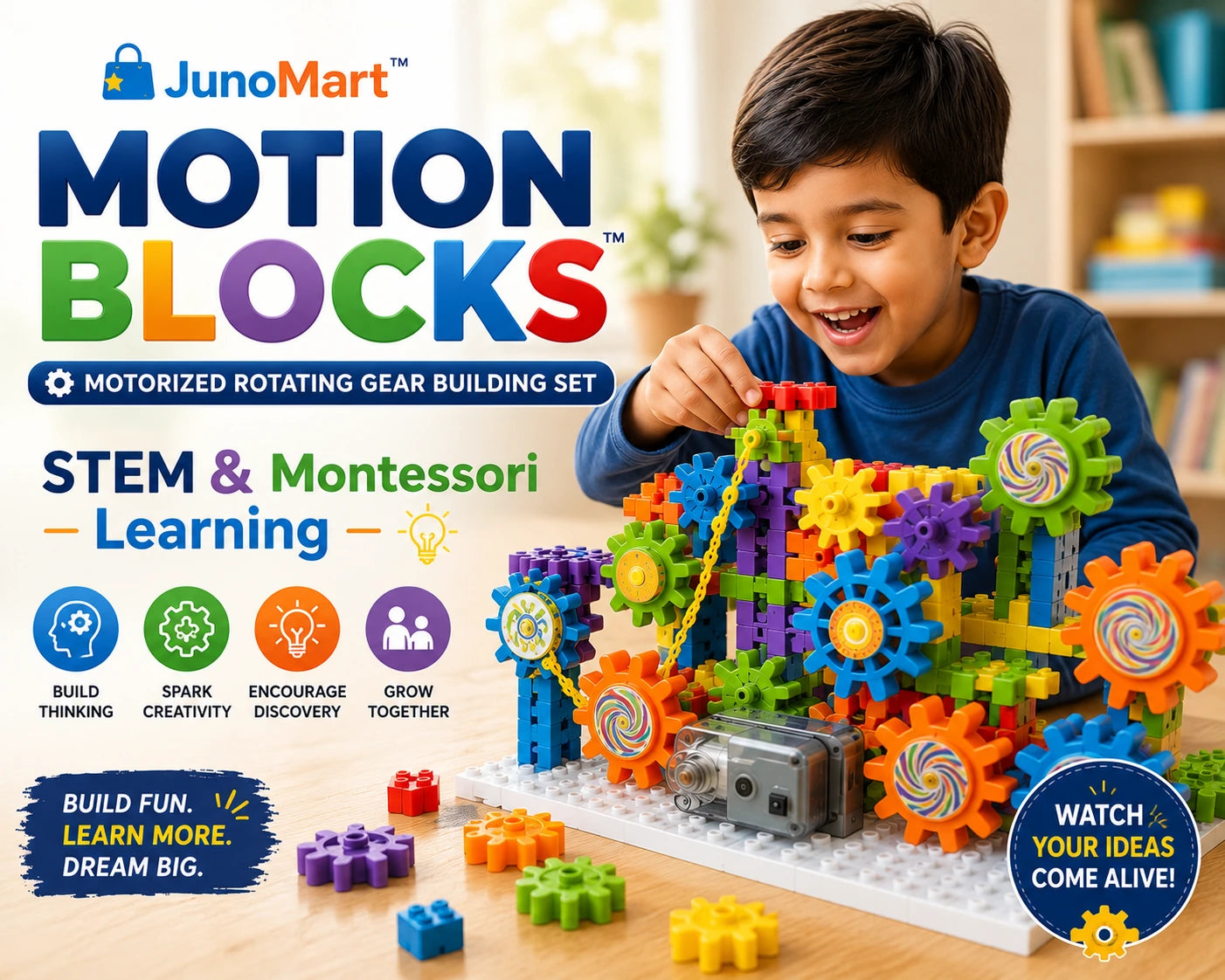 JunoMart Motion Blocks I Motorised Rotating Gear Building Set for Kids I 50% Off